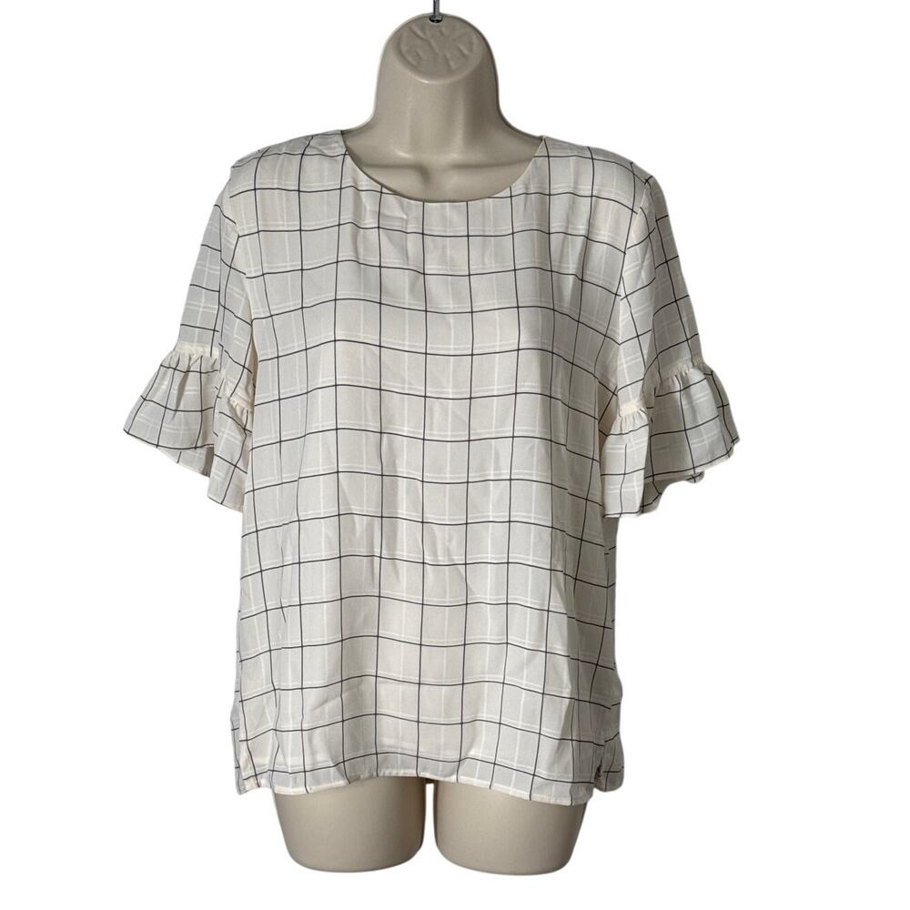 NWT LOFT Windowpane Grid White and‎ Black Ruffle Sleeve Blouse Size M